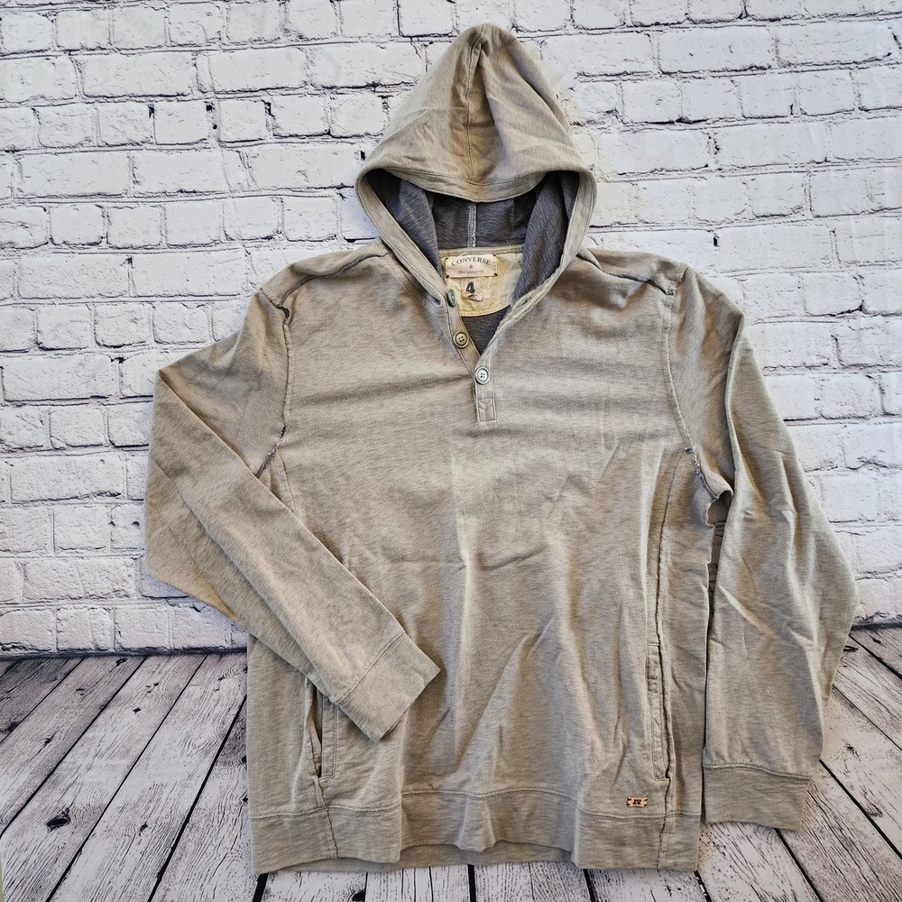 Converse John Varvatos Mens Henley Hoodie Gray Distressed XL Button Hooded Shirt